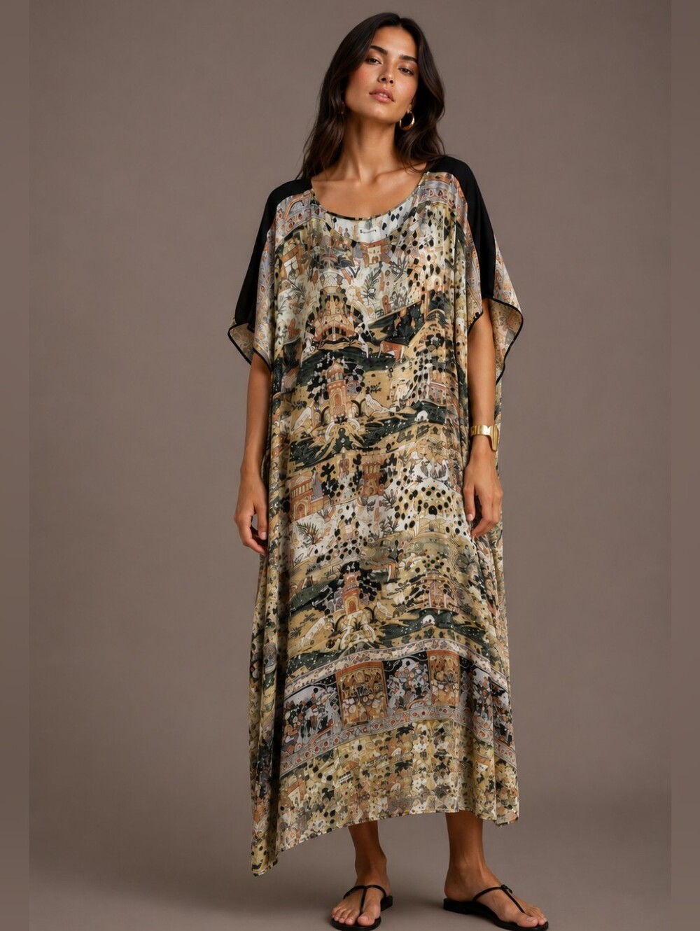 Designer GARY GRAHAM Pure Silk Mughal Print Kaftan Midi Maxi Dress Small